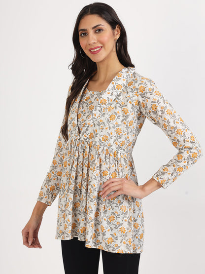Women Offwhite Floral Printed Cotton Top | LASVINI - Redefining Indian Fashion with Elegance