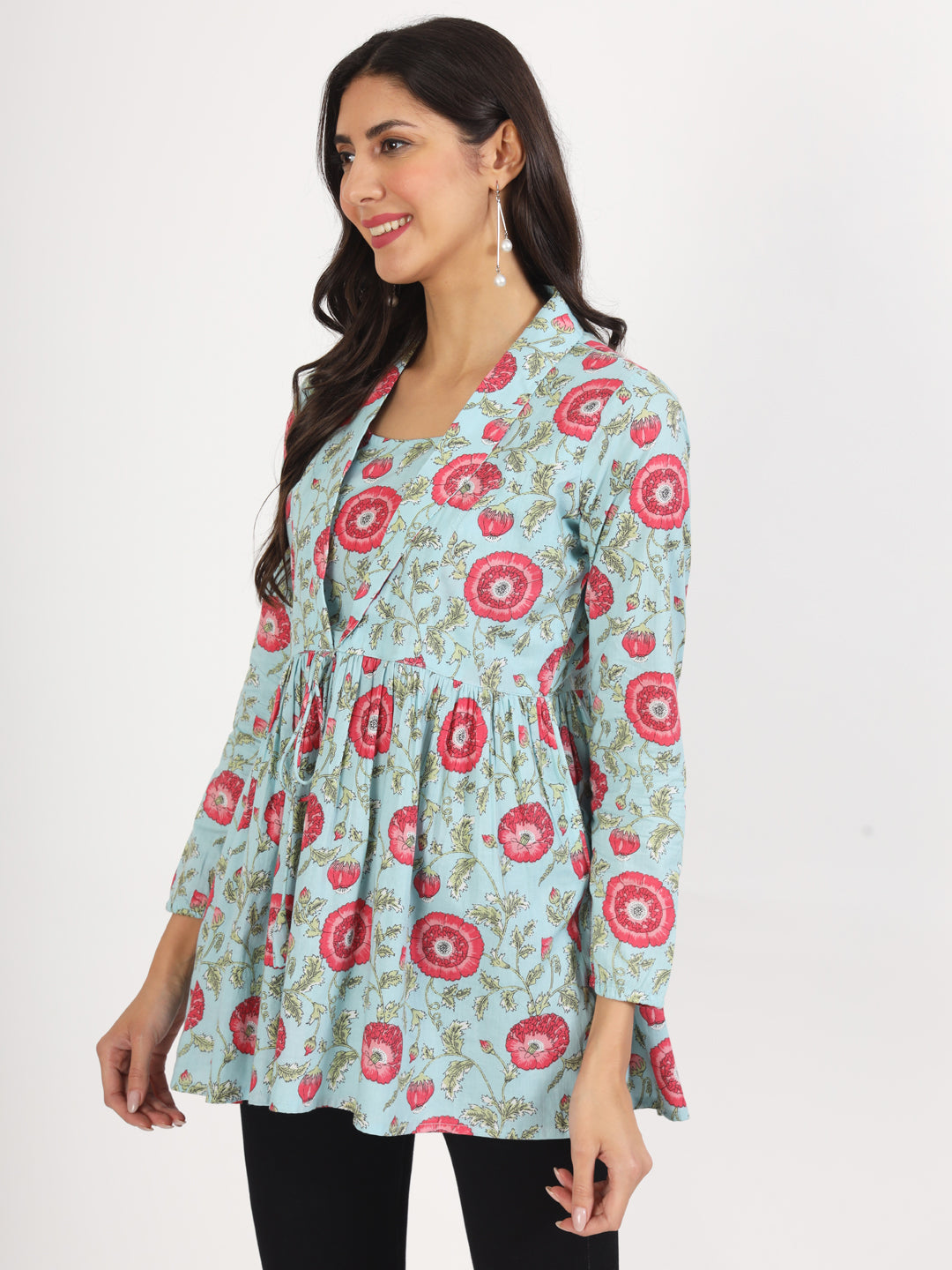 Women Sky Blue Floral Printed Cotton Top | LASVINI - Redefining Indian Fashion with Elegance
