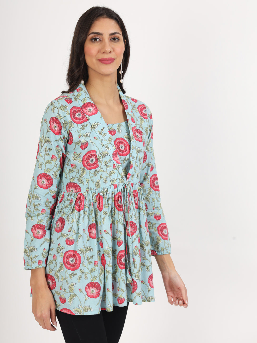 Women Sky Blue Floral Printed Cotton Top | LASVINI - Redefining Indian Fashion with Elegance