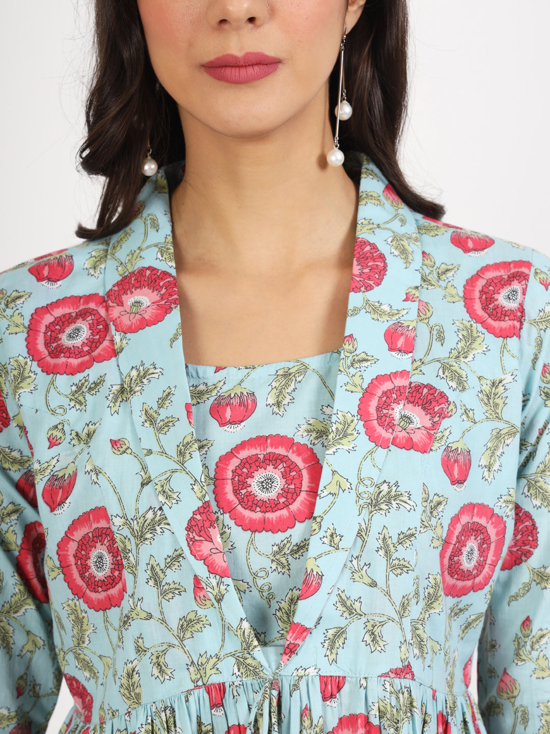 Women Sky Blue Floral Printed Cotton Top | LASVINI - Redefining Indian Fashion with Elegance
