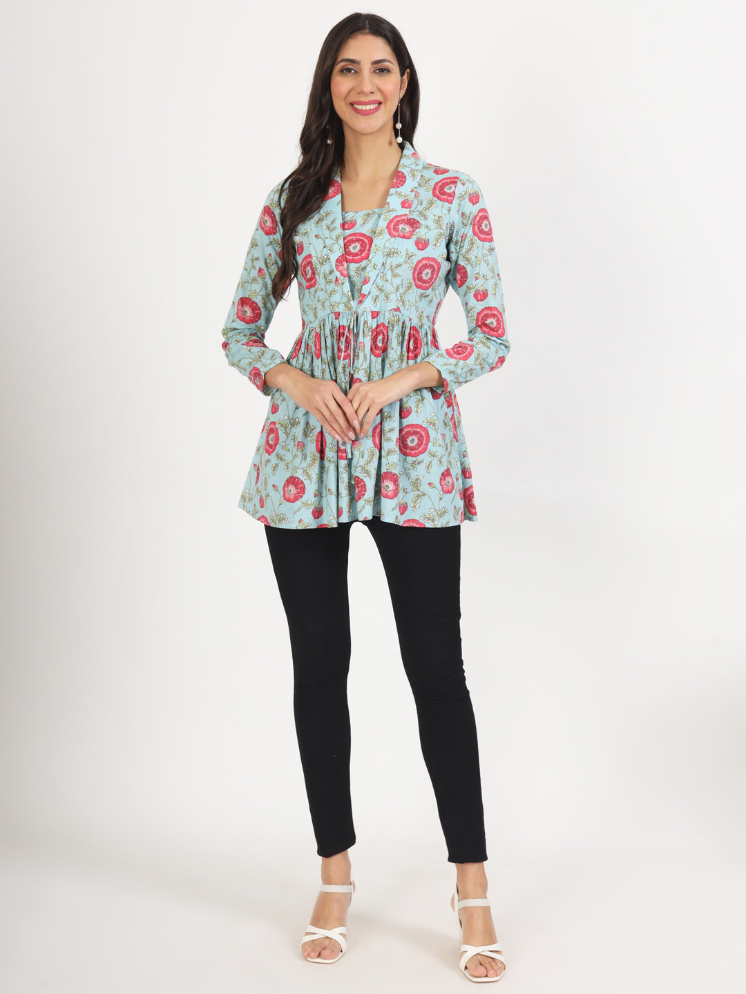 Women Sky Blue Floral Printed Cotton Top | LASVINI - Redefining Indian Fashion with Elegance