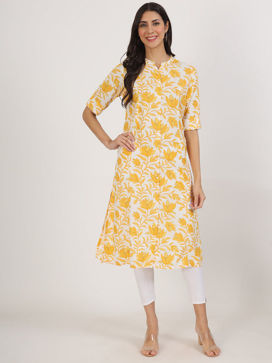 Women Yellow Floral Printed Rayon A-Line Kurta | LASVINI - Redefining Indian Fashion with Elegance