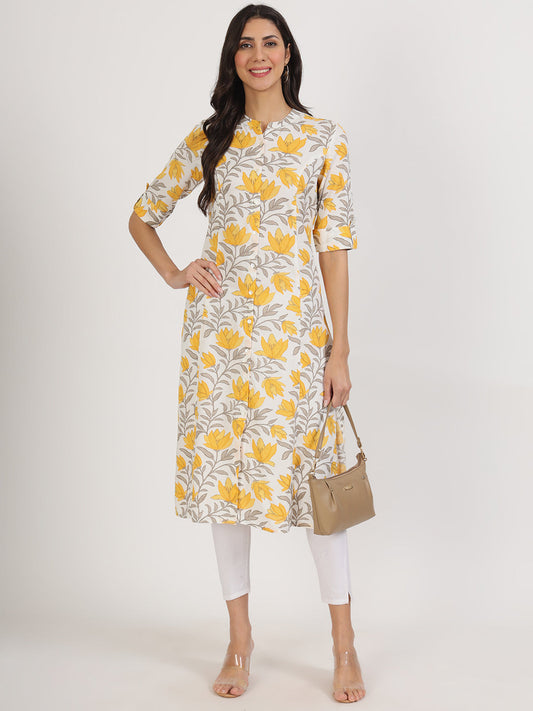 Women Yellow Floral Printed Rayon A-Line Kurta | LASVINI - Redefining Indian Fashion with Elegance