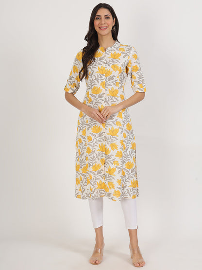 Women Yellow Floral Printed Rayon A-Line Kurta | LASVINI - Redefining Indian Fashion with Elegance