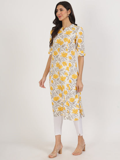 Women Yellow Floral Printed Rayon A-Line Kurta | LASVINI - Redefining Indian Fashion with Elegance
