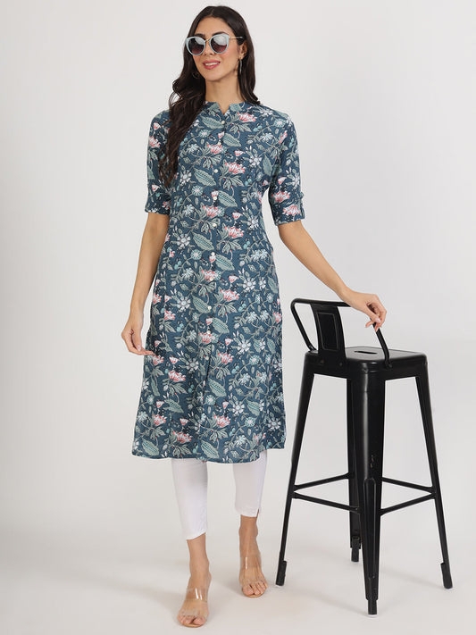 Women Navy Blue Floral Printed Rayon A-Line Kurta | LASVINI - Redefining Indian Fashion with Elegance