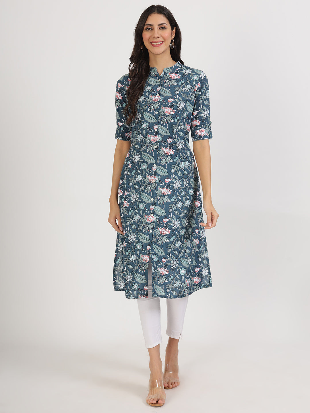 Women Navy Blue Floral Printed Rayon A-Line Kurta | LASVINI - Redefining Indian Fashion with Elegance