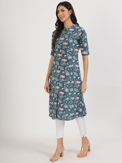 Women Navy Blue Floral Printed Rayon A-Line Kurta | LASVINI - Redefining Indian Fashion with Elegance