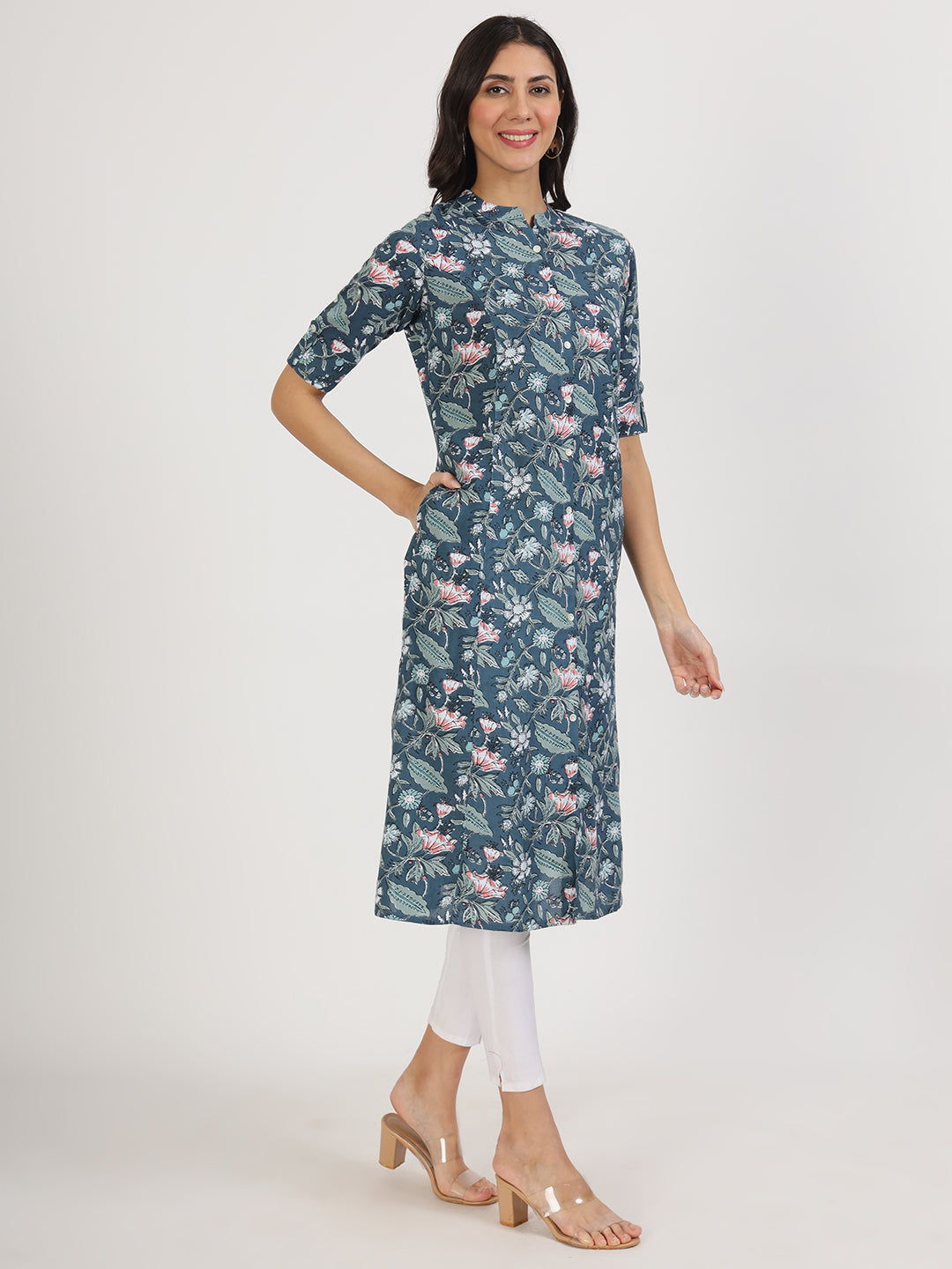 Women Navy Blue Floral Printed Rayon A-Line Kurta | LASVINI - Redefining Indian Fashion with Elegance