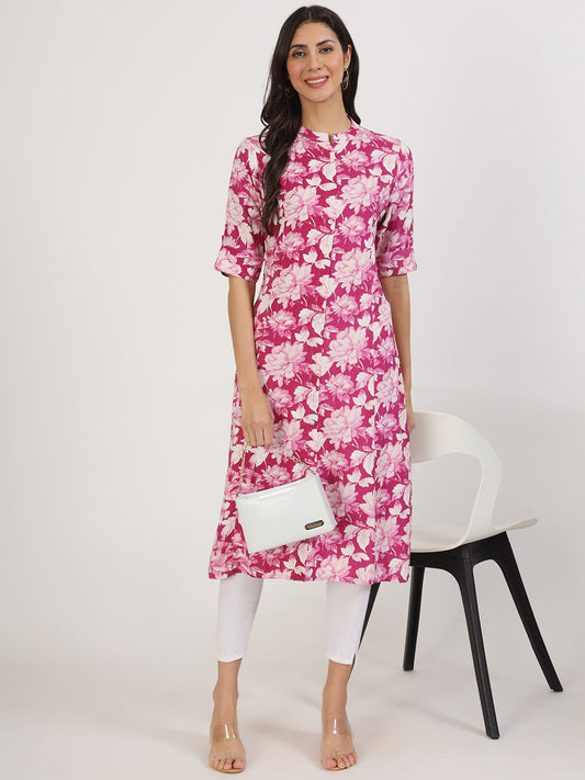 Women Purple Floral Printed Rayon A-Line Kurta | LASVINI - Redefining Indian Fashion with Elegance