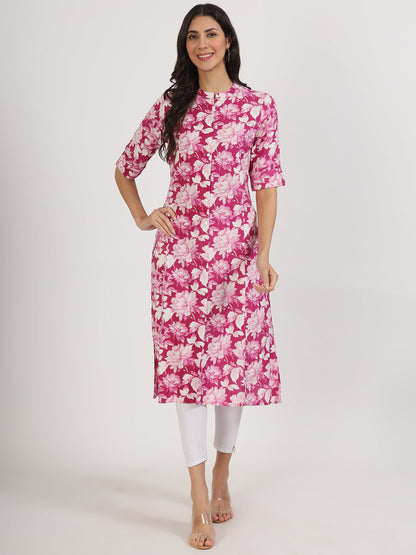 Women Purple Floral Printed Rayon A-Line Kurta | LASVINI - Redefining Indian Fashion with Elegance