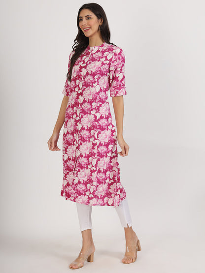 Women Purple Floral Printed Rayon A-Line Kurta | LASVINI - Redefining Indian Fashion with Elegance