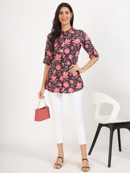 Women Purple Floral Printed Rayon Top | LASVINI - Redefining Indian Fashion with Elegance