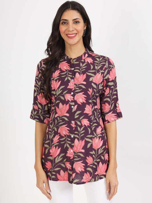 Women Purple Floral Printed Rayon Top | LASVINI - Redefining Indian Fashion with Elegance