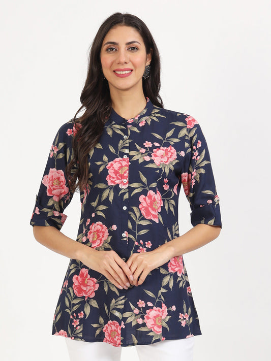 Women Navy Blue Floral Printed Rayon Top | LASVINI - Redefining Indian Fashion with Elegance