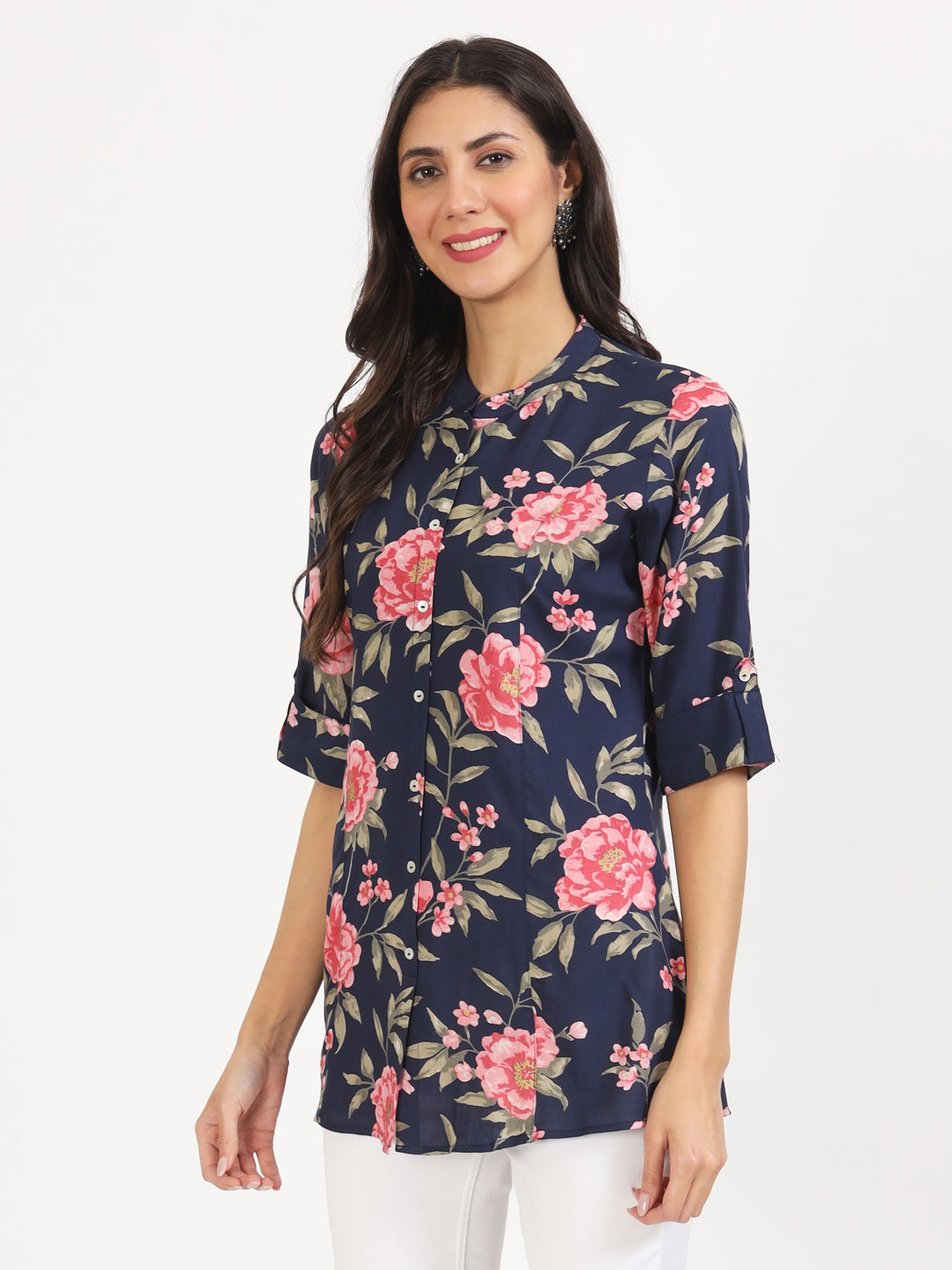 Women Navy Blue Floral Printed Rayon Top | LASVINI - Redefining Indian Fashion with Elegance