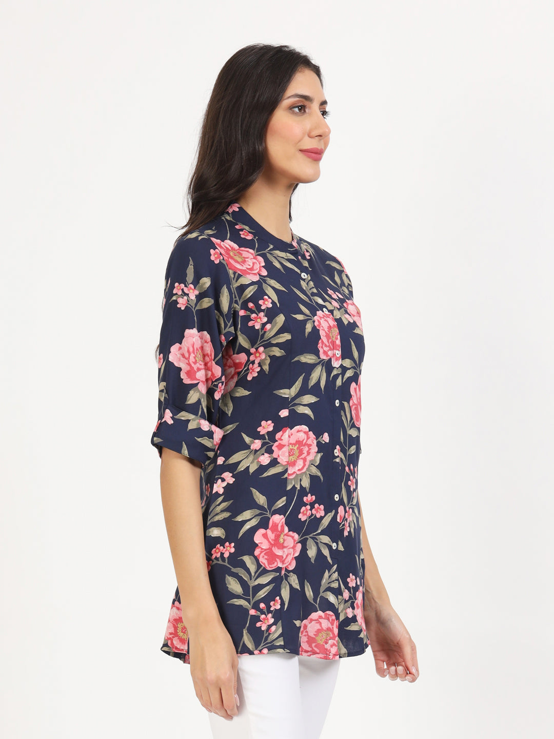 Women Navy Blue Floral Printed Rayon Top | LASVINI - Redefining Indian Fashion with Elegance