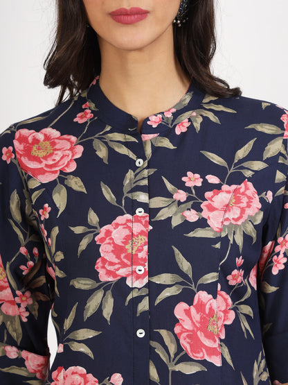 Women Navy Blue Floral Printed Rayon Top | LASVINI - Redefining Indian Fashion with Elegance