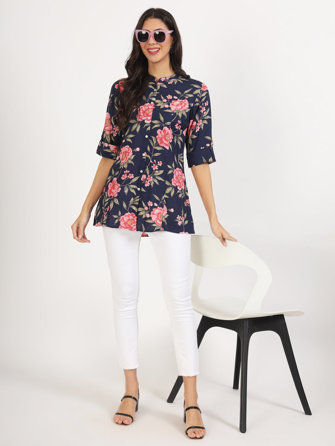 Women Navy Blue Floral Printed Rayon Top | LASVINI - Redefining Indian Fashion with Elegance