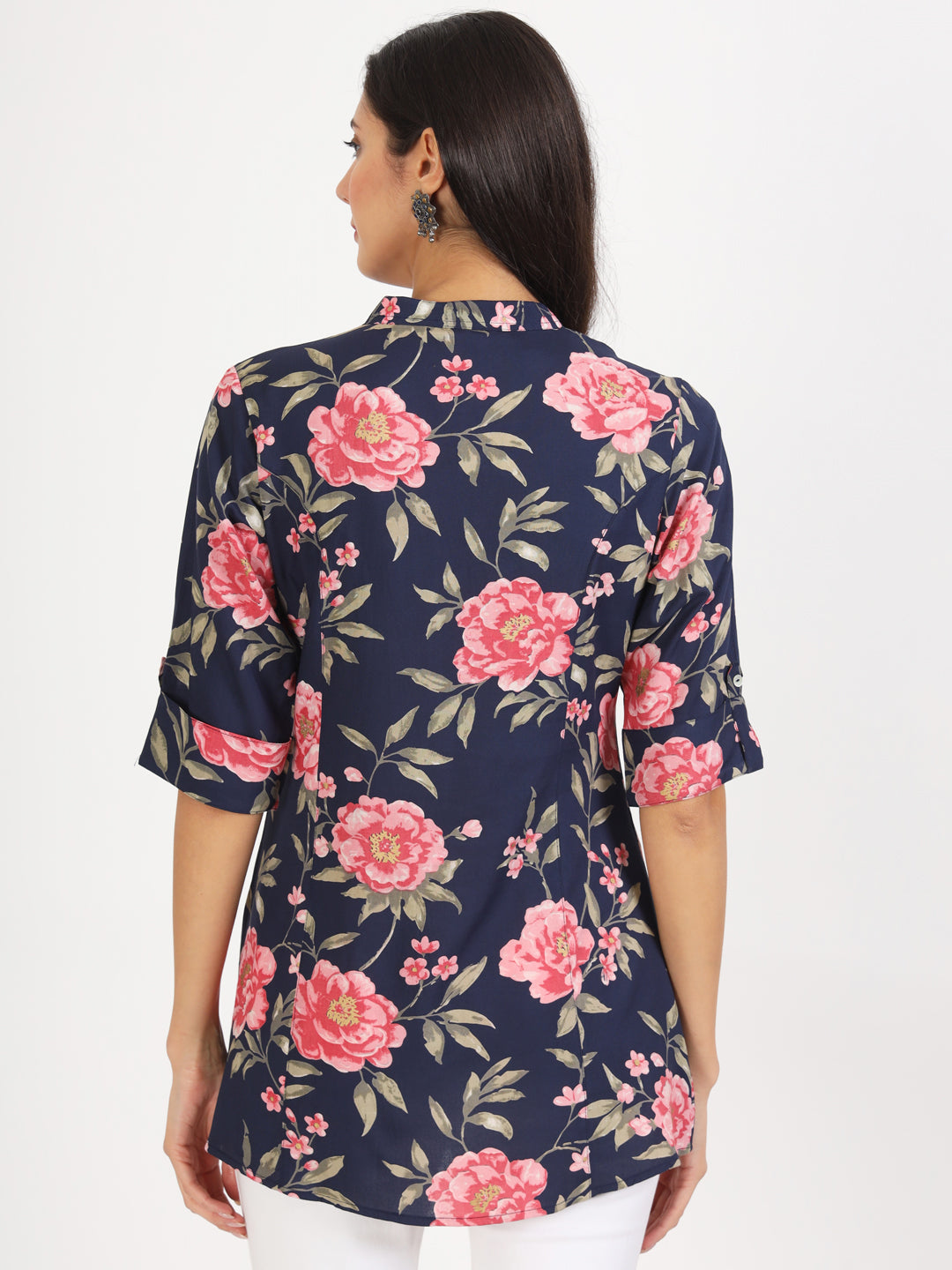 Women Navy Blue Floral Printed Rayon Top | LASVINI - Redefining Indian Fashion with Elegance