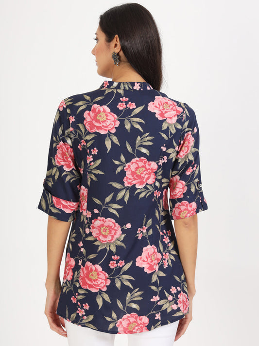 Women Navy Blue Floral Printed Rayon Top | LASVINI - Redefining Indian Fashion with Elegance
