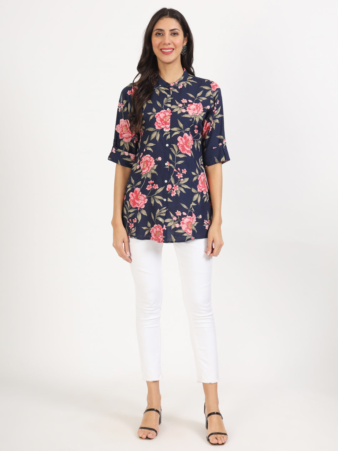 Women Navy Blue Floral Printed Rayon Top | LASVINI - Redefining Indian Fashion with Elegance