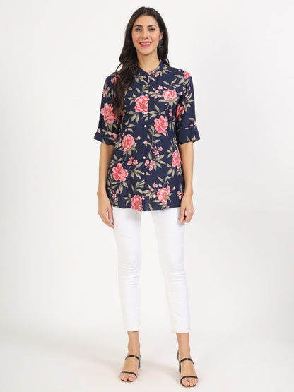 Women Navy Blue Floral Printed Rayon Top | LASVINI - Redefining Indian Fashion with Elegance
