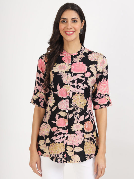 Women Black Floral Printed Rayon Top | LASVINI - Redefining Indian Fashion with Elegance