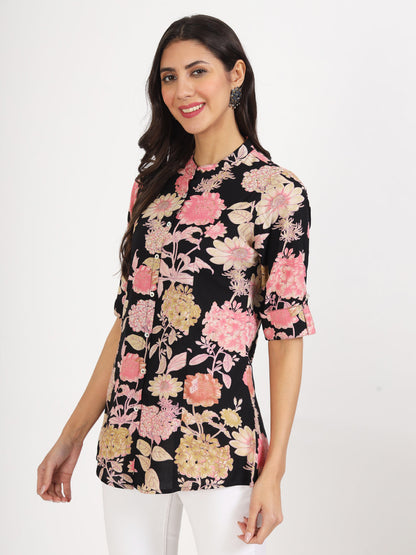 Women Black Floral Printed Rayon Top | LASVINI - Redefining Indian Fashion with Elegance