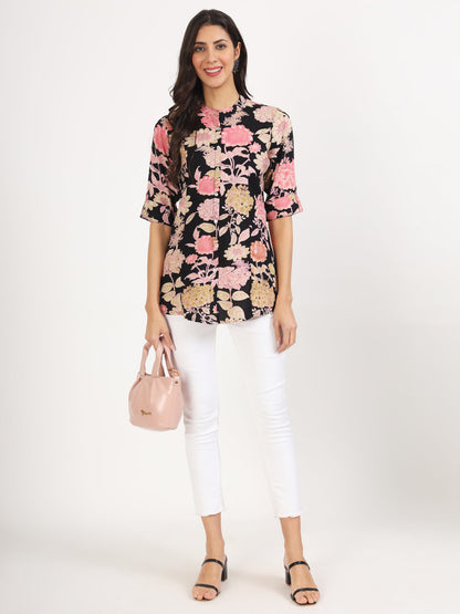 Women Black Floral Printed Rayon Top | LASVINI - Redefining Indian Fashion with Elegance