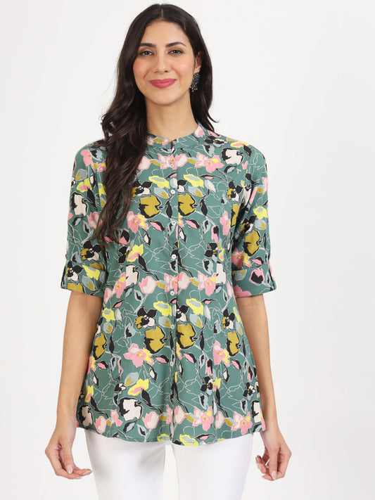 Women Green Floral Printed Rayon Top | LASVINI - Redefining Indian Fashion with Elegance