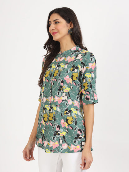 Women Green Floral Printed Rayon Top | LASVINI - Redefining Indian Fashion with Elegance