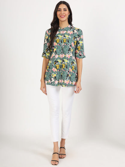 Women Green Floral Printed Rayon Top | LASVINI - Redefining Indian Fashion with Elegance