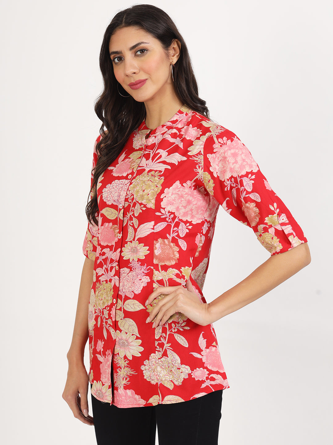Women Red Floral Printed Rayon Top | LASVINI - Redefining Indian Fashion with Elegance
