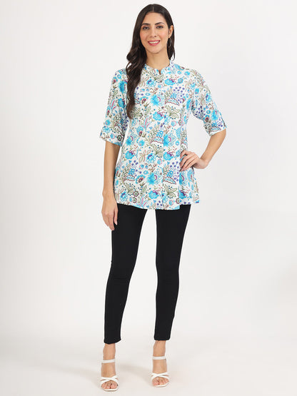 Women White Floral Printed Rayon Top | LASVINI - Redefining Indian Fashion with Elegance