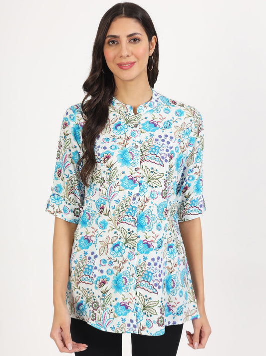 Women White Floral Printed Rayon Top | LASVINI - Redefining Indian Fashion with Elegance