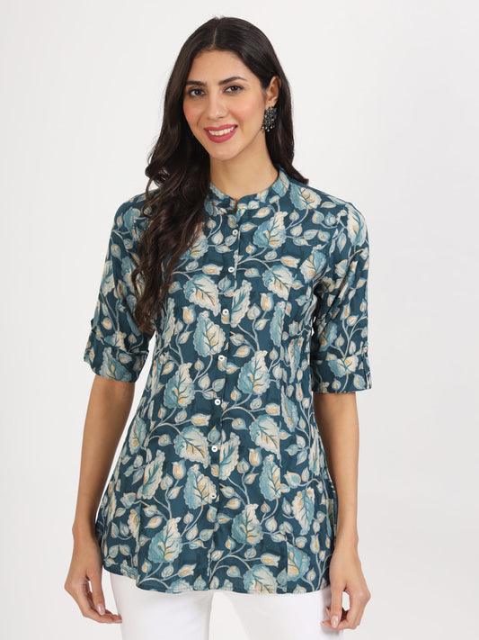 Women Bottle Green Floral Printed Rayon Top | LASVINI - Redefining Indian Fashion with Elegance