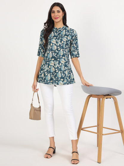 Women Bottle Green Floral Printed Rayon Top | LASVINI - Redefining Indian Fashion with Elegance