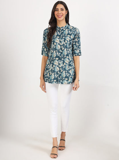 Women Bottle Green Floral Printed Rayon Top | LASVINI - Redefining Indian Fashion with Elegance