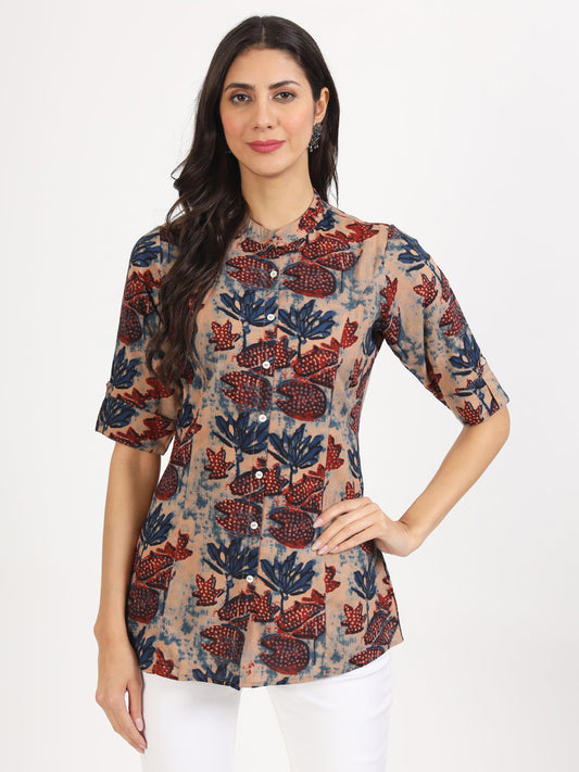 Women Beige Multi Floral Printed Rayon Top | LASVINI - Redefining Indian Fashion with Elegance