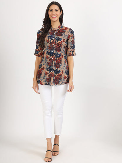 Women Beige Multi Floral Printed Rayon Top | LASVINI - Redefining Indian Fashion with Elegance