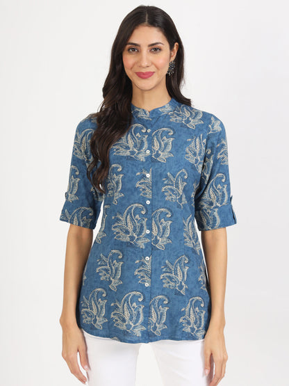 Women Blue Floral Printed Rayon Top | LASVINI - Redefining Indian Fashion with Elegance