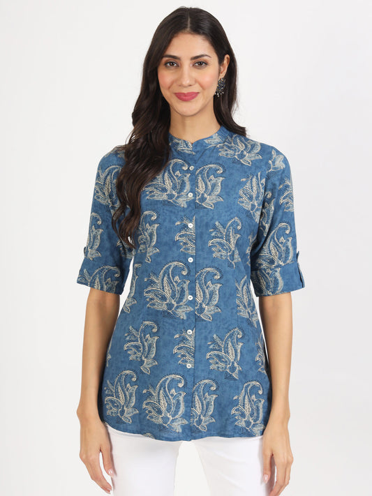 Women Blue Floral Printed Rayon Top | LASVINI - Redefining Indian Fashion with Elegance