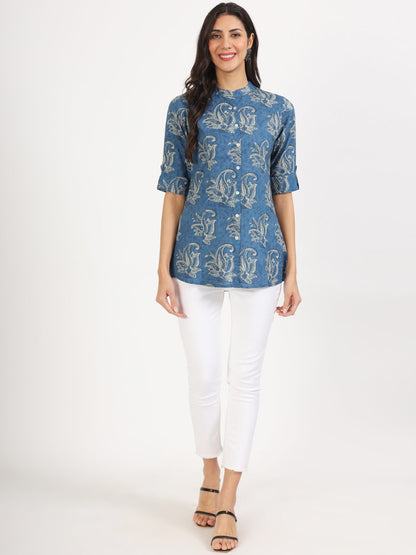 Women Blue Floral Printed Rayon Top | LASVINI - Redefining Indian Fashion with Elegance