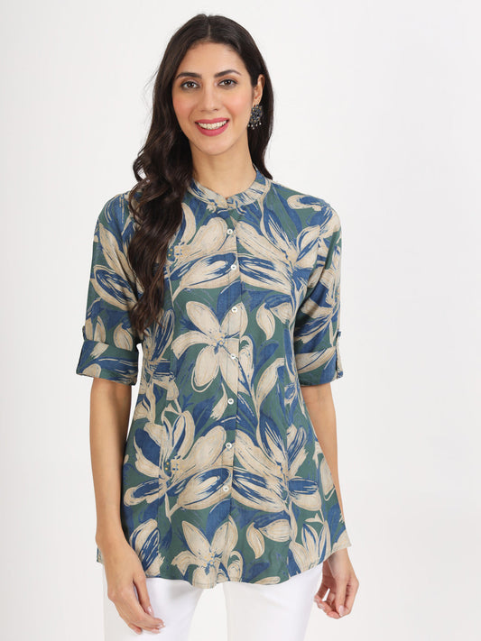 Women Green Floral Printed Rayon Top | LASVINI - Redefining Indian Fashion with Elegance