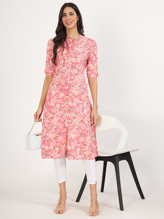 Women Pink Floral Printed Rayon A-Line Kurta | LASVINI - Redefining Indian Fashion with Elegance