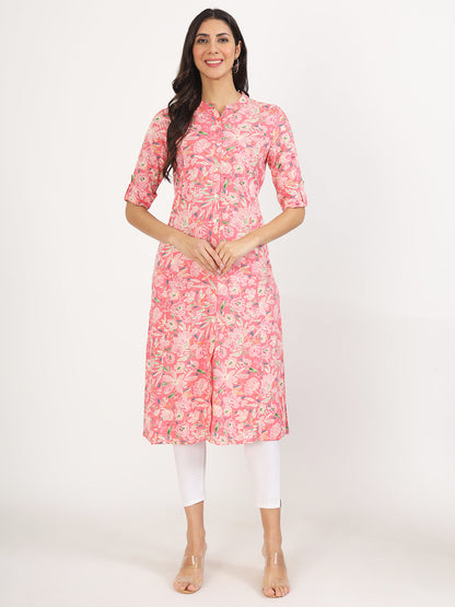 Women Pink Floral Printed Rayon A-Line Kurta | LASVINI - Redefining Indian Fashion with Elegance