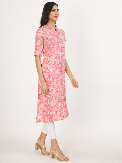 Women Pink Floral Printed Rayon A-Line Kurta | LASVINI - Redefining Indian Fashion with Elegance