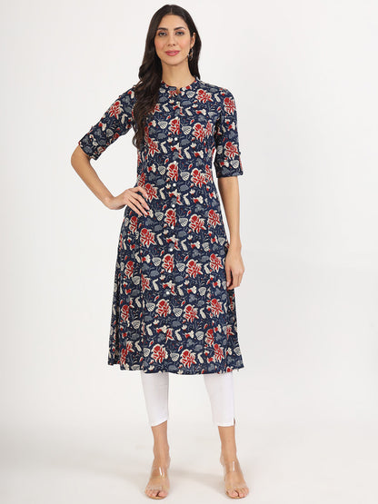 Women Black Floral Printed Rayon A-Line Kurta | LASVINI - Redefining Indian Fashion with Elegance
