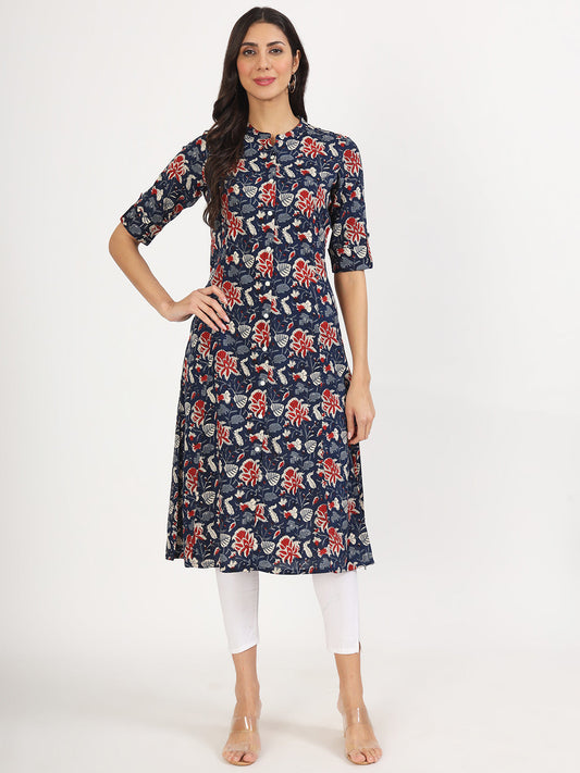 Women Black Floral Printed Rayon A-Line Kurta | LASVINI - Redefining Indian Fashion with Elegance